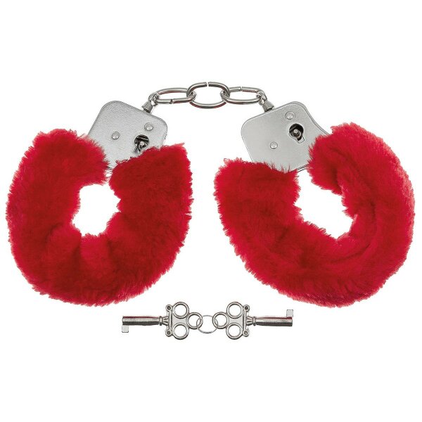 MFH Handschellen, mit 2 Schlüssel,chrom, Fellüberzug in rot